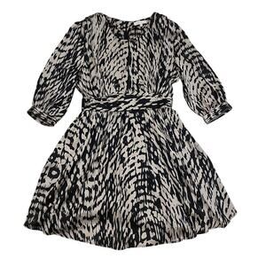 Sandro Paris Printed Black + Cream Silk Mini Dress 2 | Pockets Studded Rare NWOT